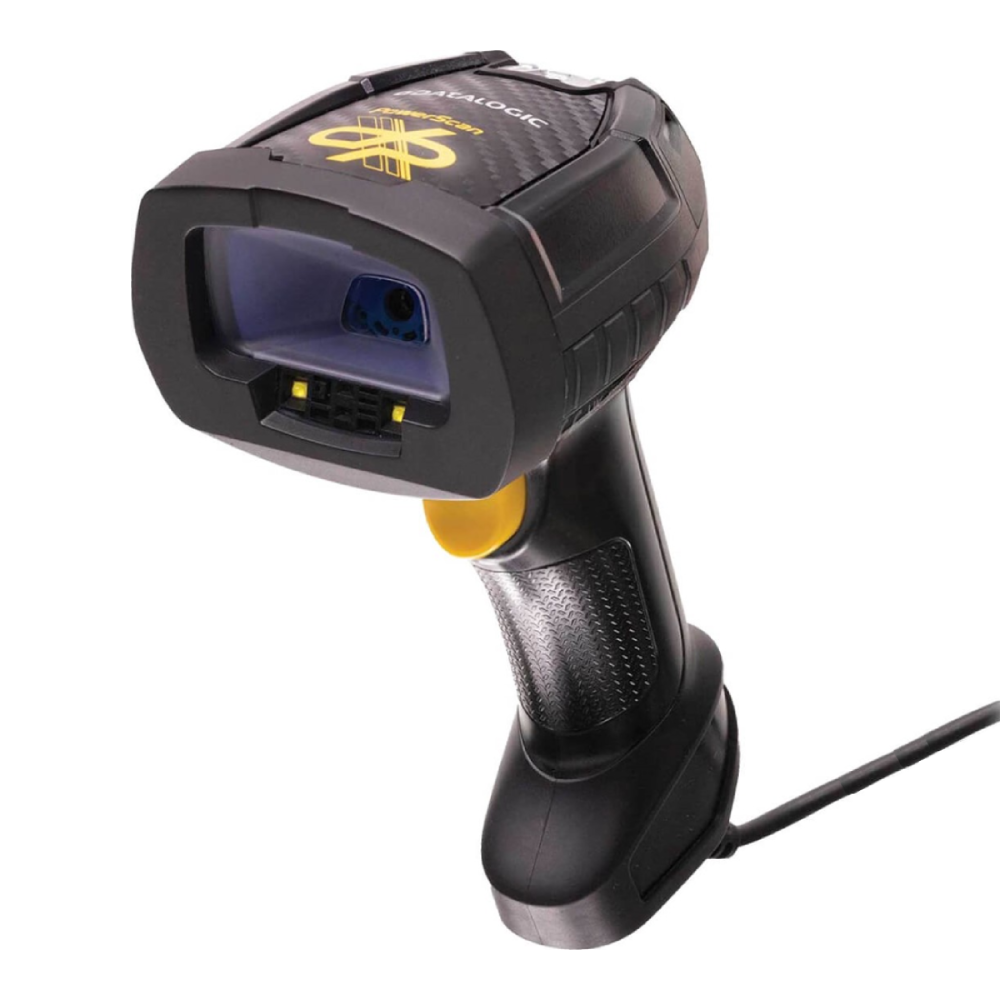 pd9360-front-left Datalogic PowerScan PD9630, 1D, 2D, DPM, multi-IF (Ethernet), en kit (USB), noir, jaune – Image 1